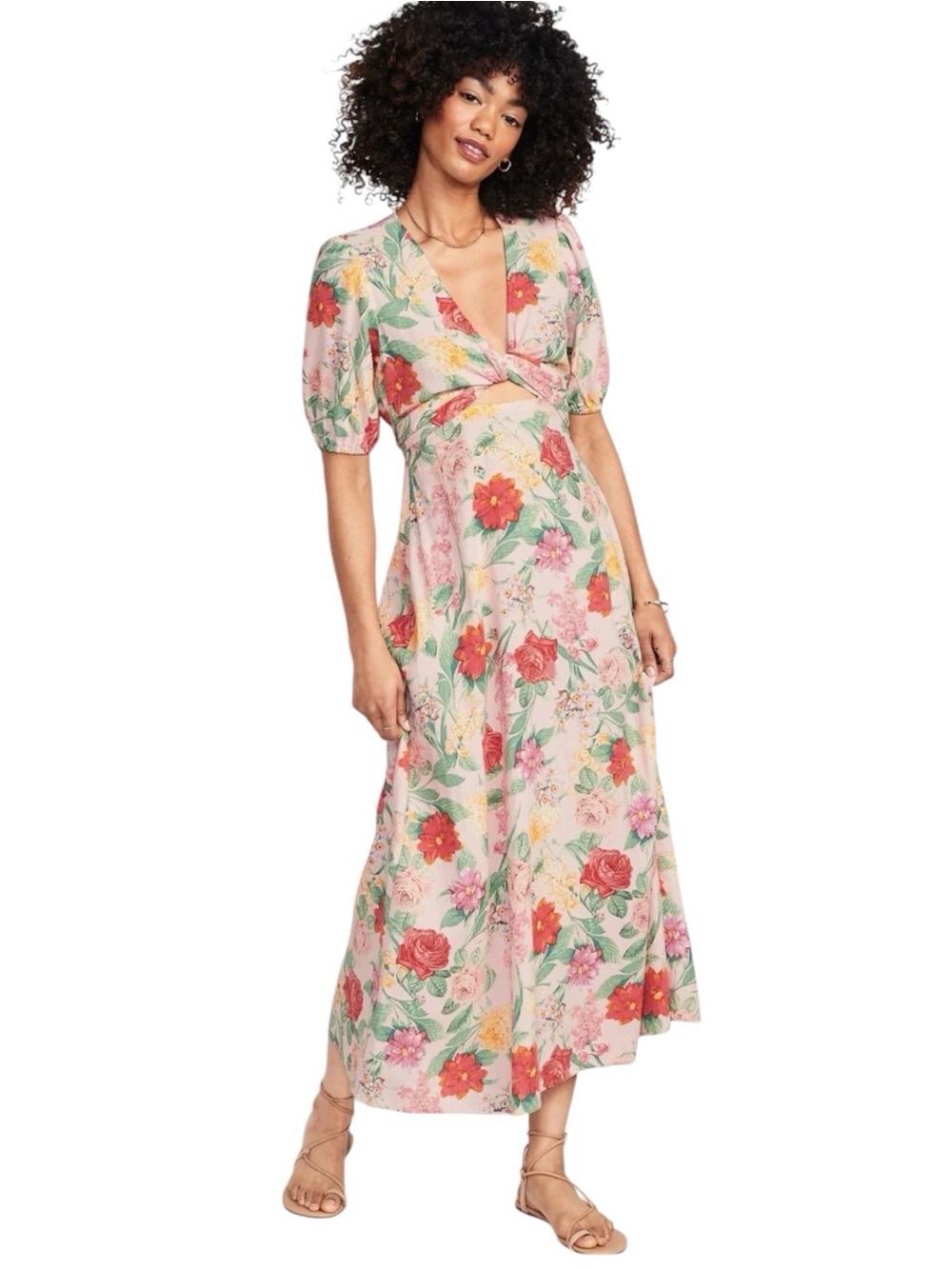 Old Navy pink multicolor floral linen blend front cut out maxi dress size S NWT